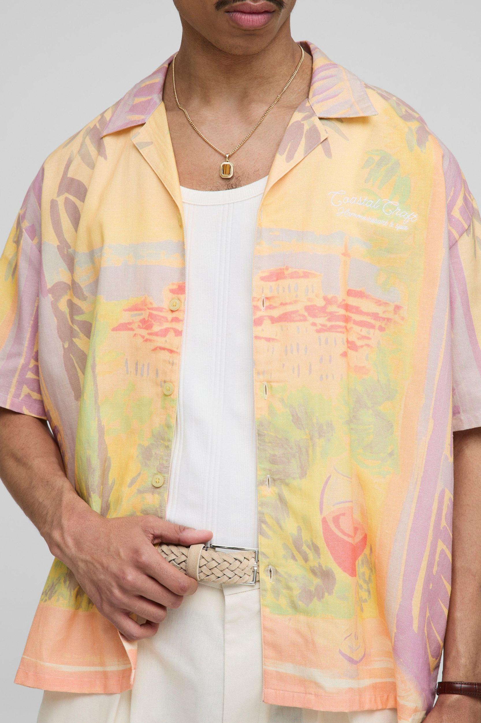 Oversized Scenic Graphic Linen Blend Shirt | boohooMAN USA Product Image