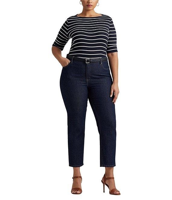 Lauren Ralph Lauren Plus Size Stripe Boat Neck Short Sleeve T-Shirt Product Image