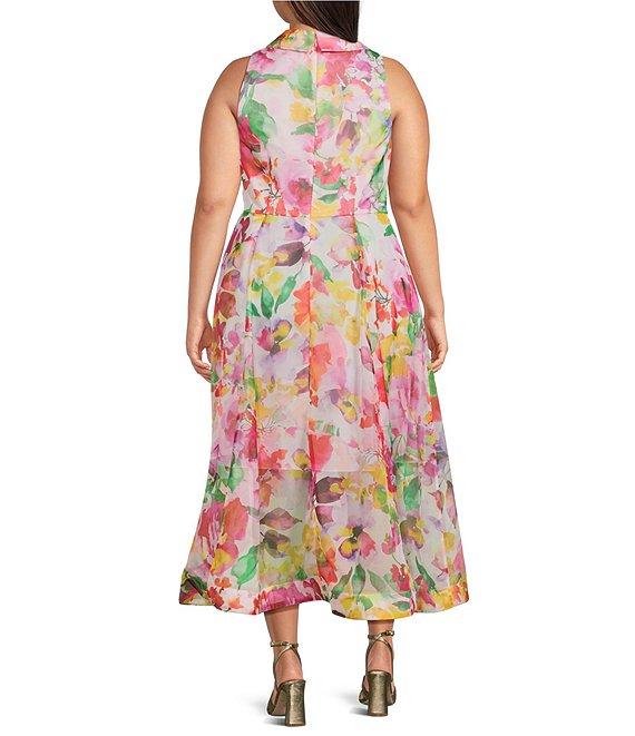 Adrianna Papell Plus Size Organza Collared V-Neck Sleeveless High-Low Hem Floral Print A-Line Dress Product Image