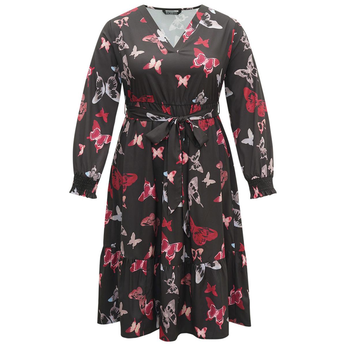 Plus Size Butterfly Print Shirred Belted Layered Dress Black Women Elegant Belted V-neck Long Sleeve Curvy Midi Dress BloomChic 22-24/3X Product Image