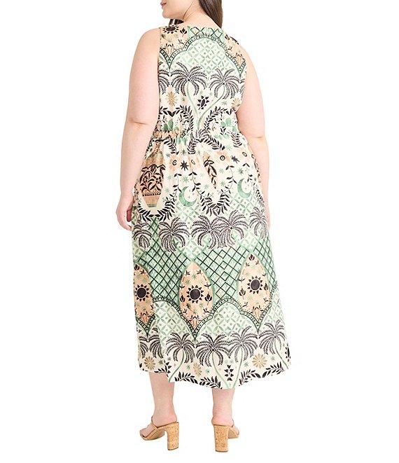 Maggy London Plus Size Palm Tree Print Sleeveless V-Neck A-Line Midi Dress Product Image