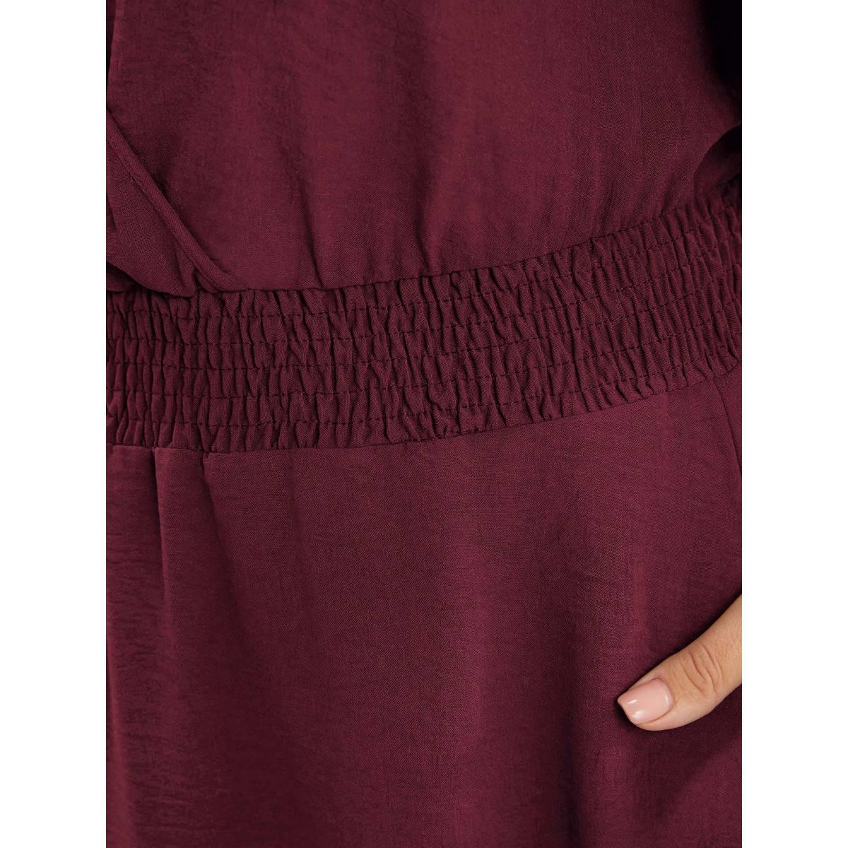 Plus Size Solid Laser Cut Shirred Pocket Wrap Scalloped Trim Flutter Dress Burgundy Women Elegant Non V-neck Short sleeve Curvy Midi Dress BloomChic 28/5X Product Image