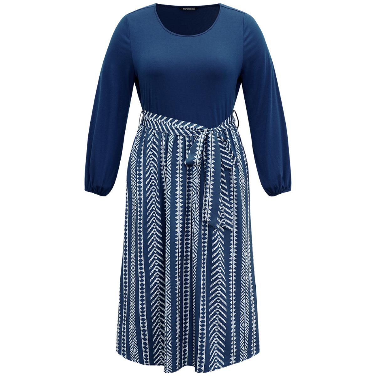 Plus Size Bandana Striped Patchwork Pocket Belted Dress Indigo Women Vacation Belted Round Neck Long Sleeve Curvy Midi Dress BloomChic 22-24/3X Product Image
