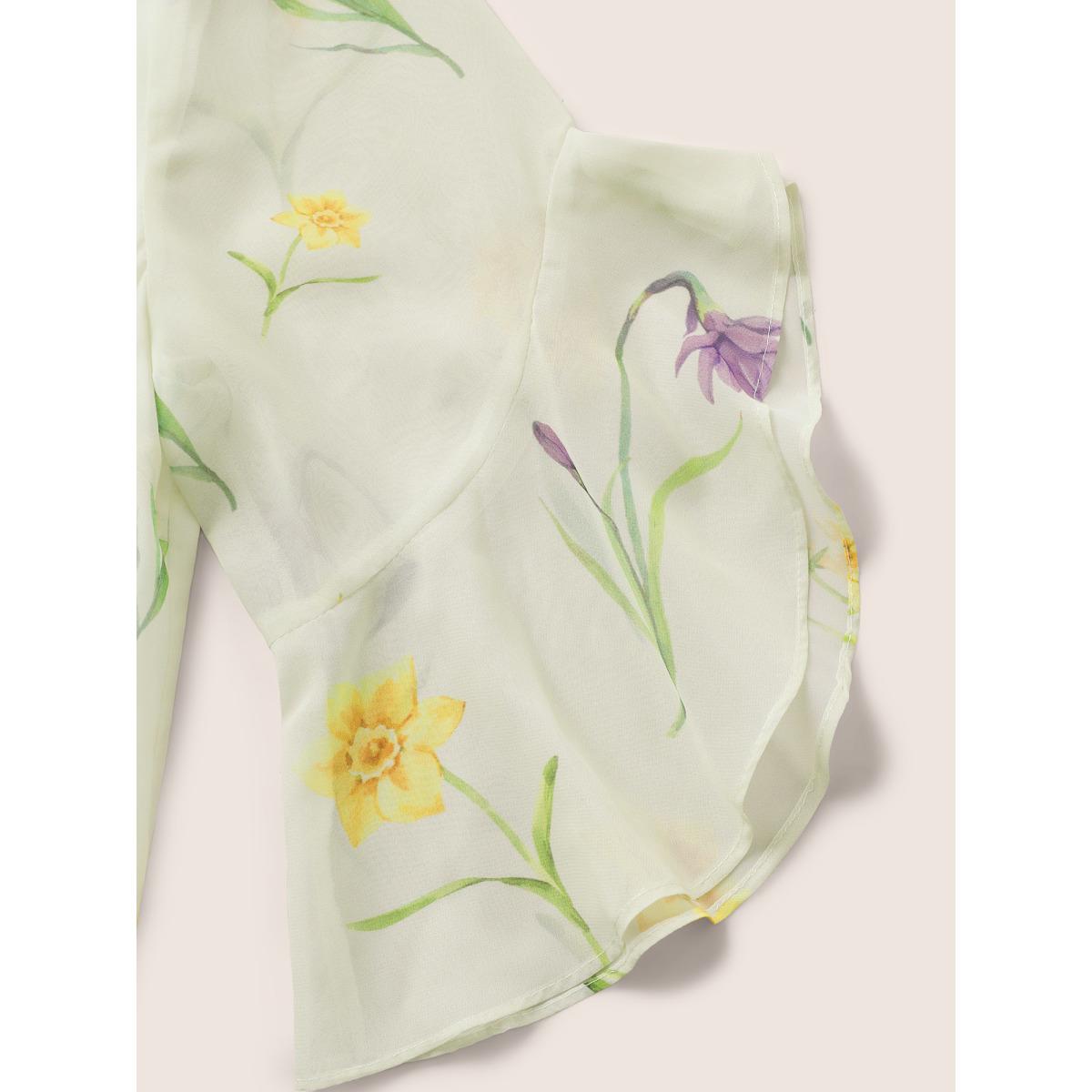 Plus Size Ivory Floral Tiered Mesh Asymmetrical Hem Blouse Women Elegant Everyday Blouses BloomChic 18-20/2X Product Image