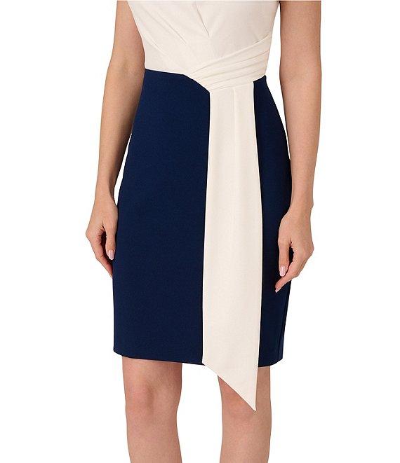 Adrianna Papell Crew Neck Short Sleeve Two Tone Drape Front Crepe Sheath Dress Product Image