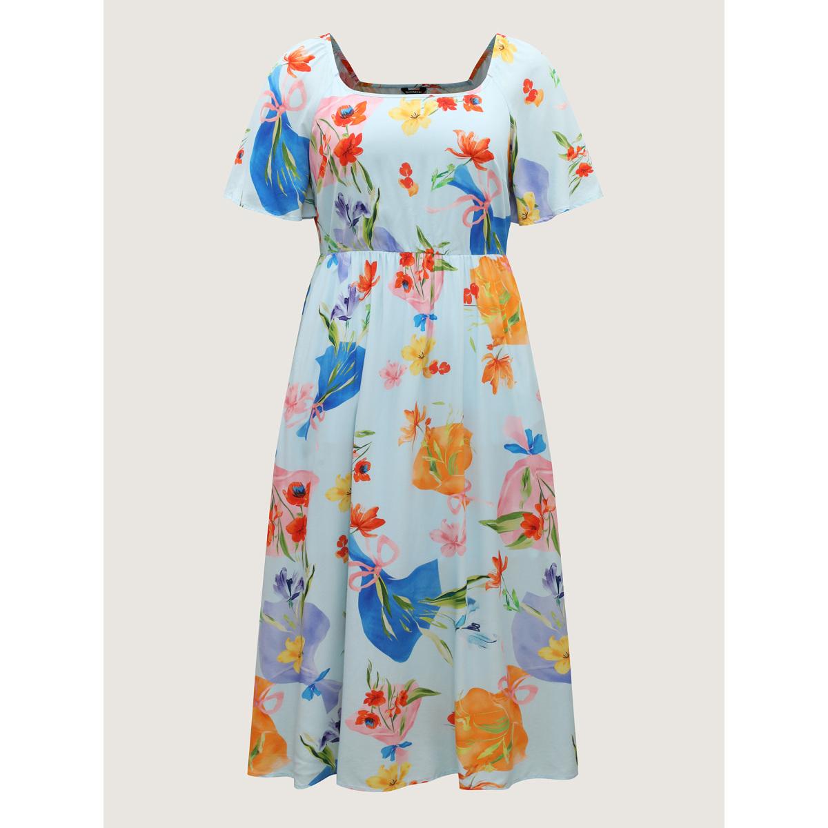 Plus Size Rayon Floral Print Pockets Midi Dress Multicolor Women Round Neck Short sleeve Curvy BloomChic 14-16/1X Product Image