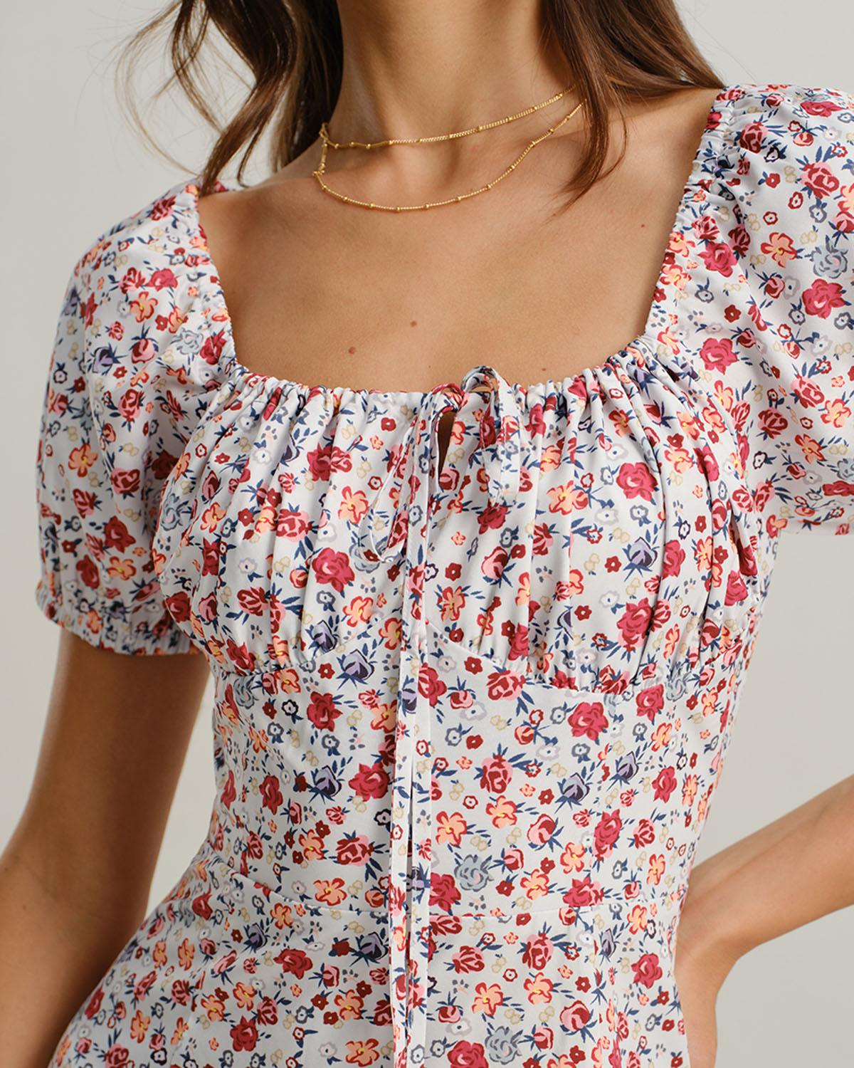 Grey Floral Square Neck Puffed Sleeve Midi Dress Product Image