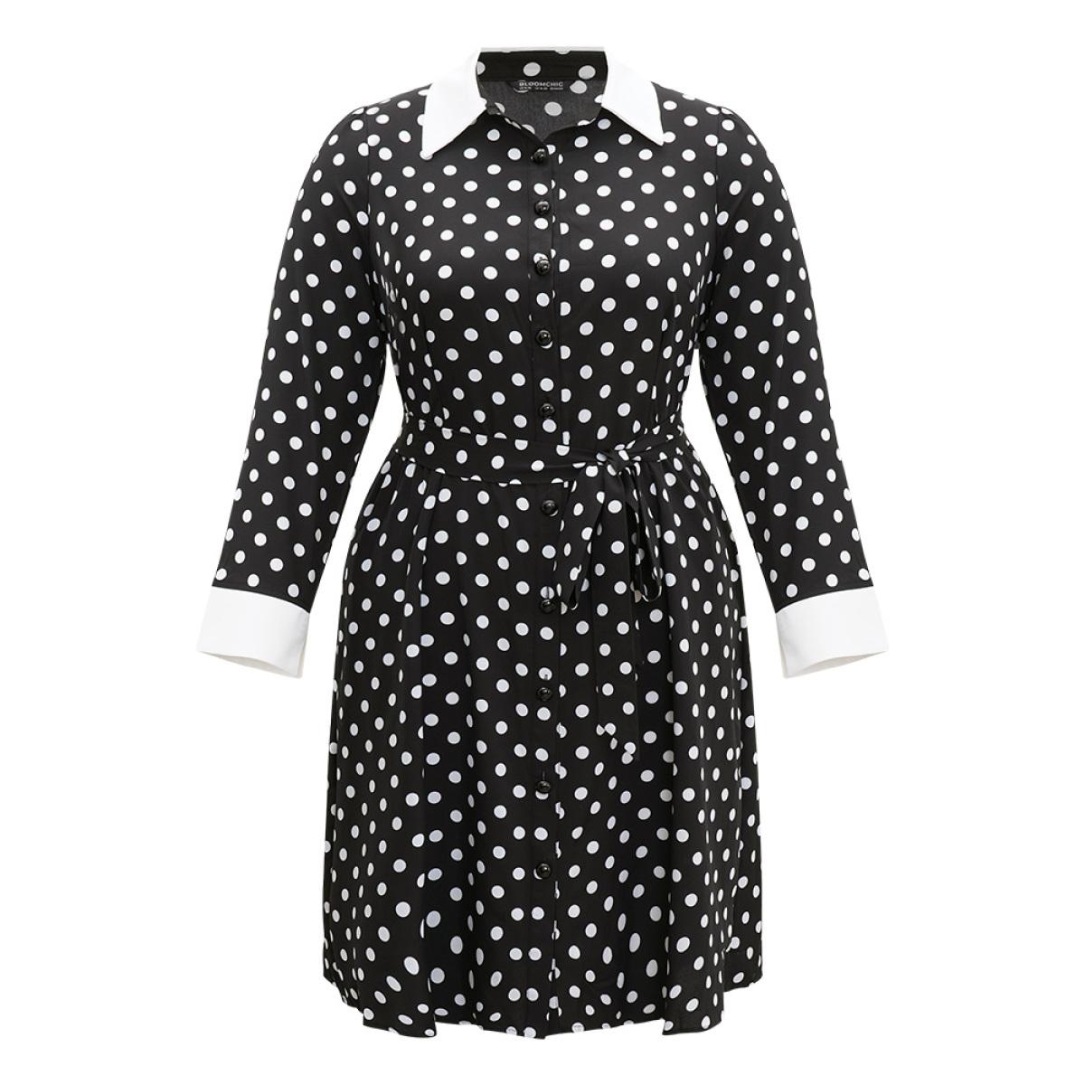 Plus Size Halloween Polka Dot Shirt Collar Button Up Belted Dress Black Women Office Belted Shirt collar Long Sleeve Curvy Midi Dress BloomChic 26/4X Product Image