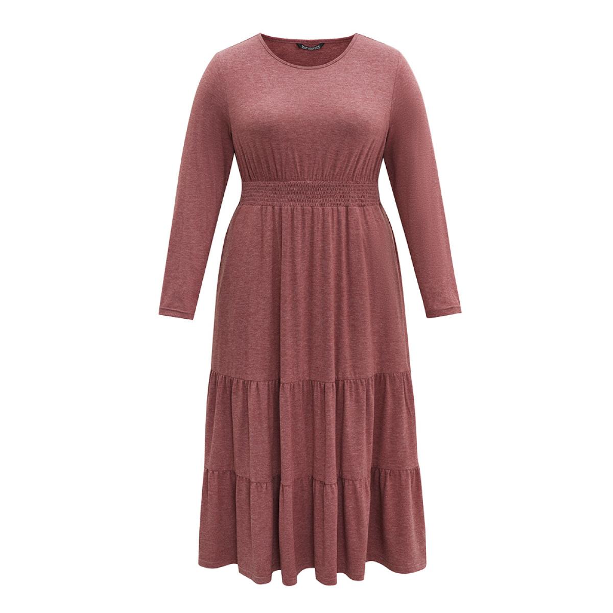 Plus Size Supersoft Essentials Tiered Ruffles Gathered Dress Scarlet Women Casual Gathered Round Neck Long Sleeve Curvy Midi Dress BloomChic 18-20/2X Product Image