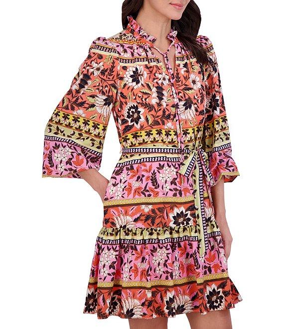 Vince Camuto Woven Floral Print V-Neck Tie Long Sleeve Belted Tiered A-Line Dress Product Image
