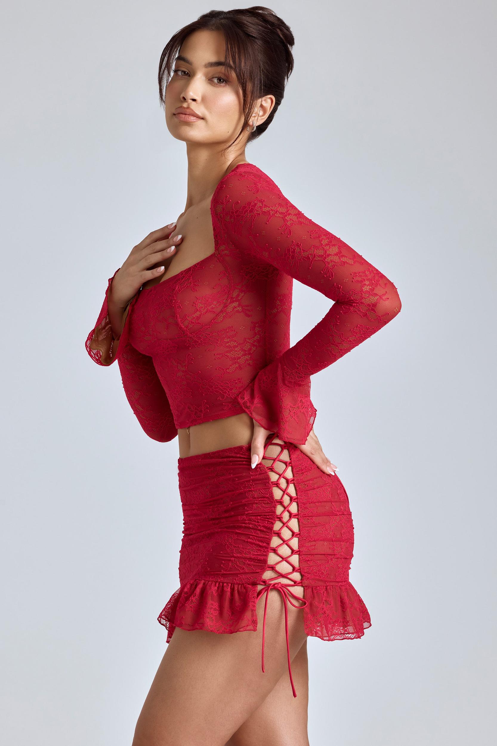 Lace Ruffle Mini Skirt in Cherry Red Product Image