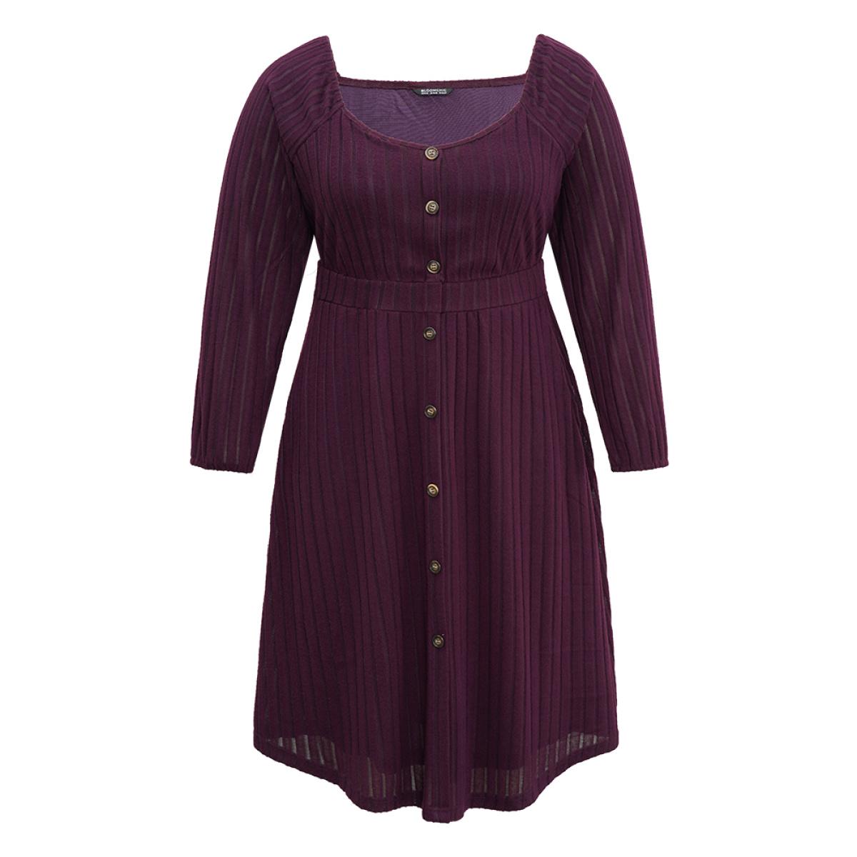 Plus Size Solid Rib Knit Gathered Scoop Neck Dress Purple Women Basics Elastic cuffs Scoop Neck Long Sleeve Curvy Midi Dress BloomChic 26/4X Product Image