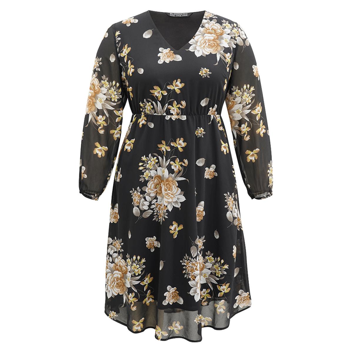 Plus Size Chiffon Floral Print Pocket Mesh Dress Black Women Elegant Elastic cuffs V-neck Long Sleeve Curvy Midi Dress BloomChic 12/L Product Image