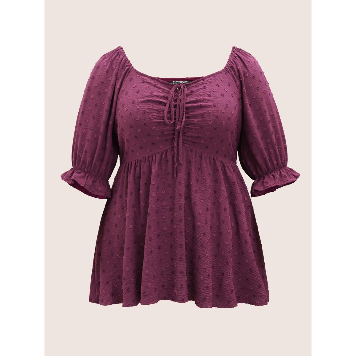 Plus Size Purple Solid Texture Ruffles Ties Elastic Waist Blouse Women Elegant Half Sleeve Square Neck Everyday Blouses BloomChic 28/5X Product Image