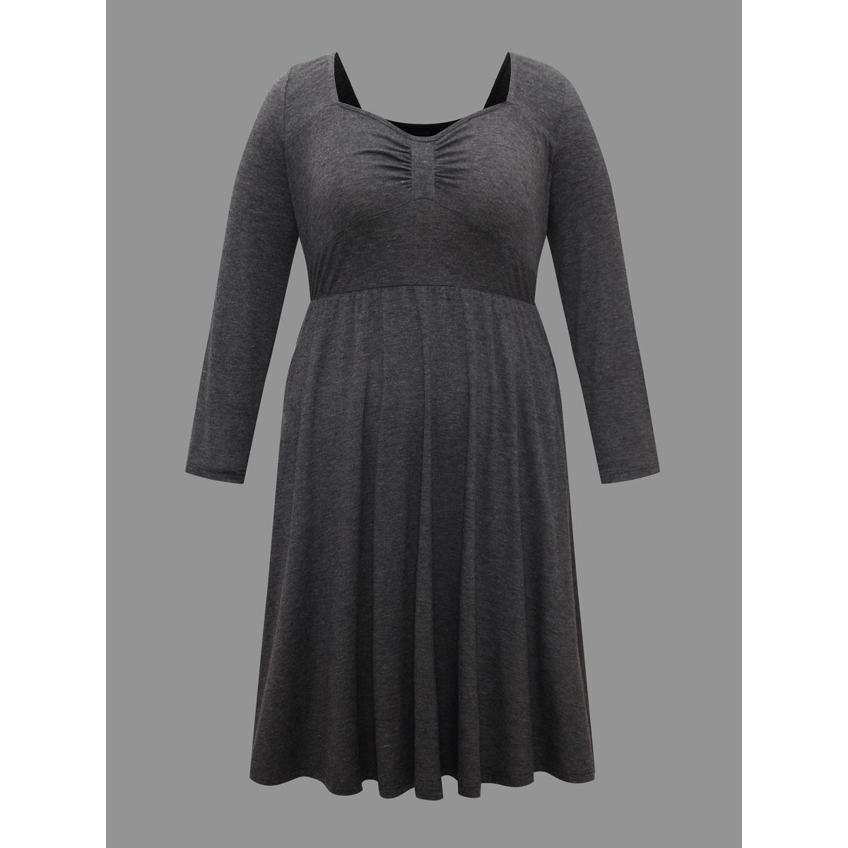 Plus Size Heart Neckline Knit Gathered Midi Dress DimGray Women Casual Gathered Knit Dresses Bloomchic 12/L Product Image