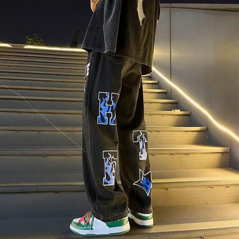 Sopula American High Street Hip Hop Printed Letter Jeans Product Image