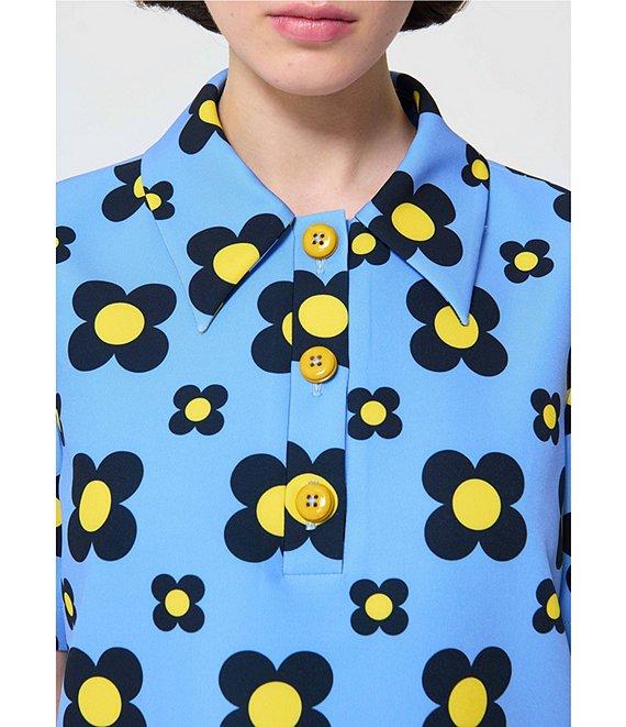 Tara Jarmon Tania Coordinating Geometric Daisy Print Horizon Point Collar 3 Button Placket Short Sleeve Shirt Product Image