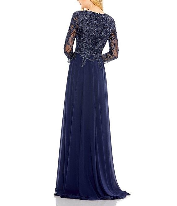Mac Duggal Embellished Floral Lace V-Neck Illusion Long Sleeve Gown Product Image
