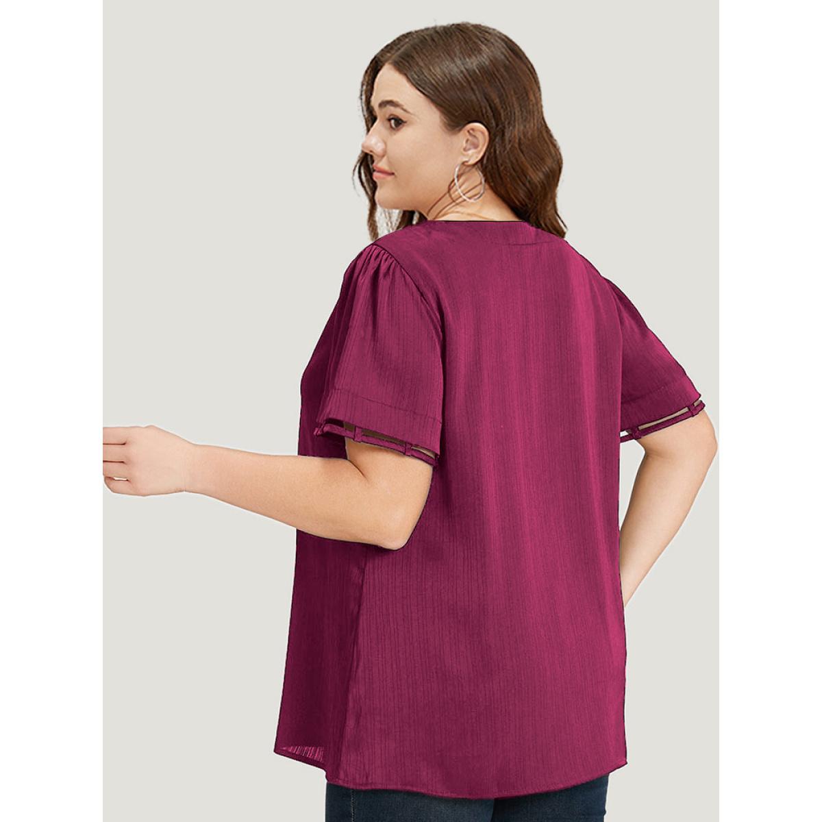Plus Size Purple Plain Cut Out V Neck Blouse Women Office Short sleeve V-neck Work Blouses BloomChic 30/6X Product Image