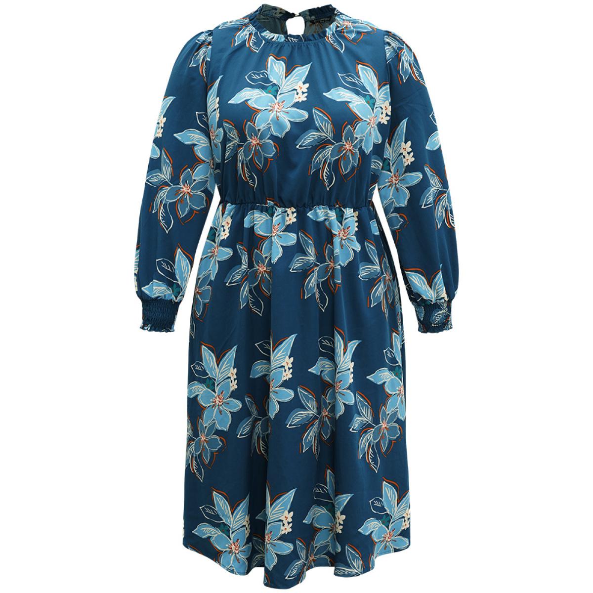 Plus Size Floral Mock Neck Frill Trim Keyhole Dress Aegean Women Elegant Elastic cuffs Mock Neck Long Sleeve Curvy Midi Dress BloomChic 30/6X Product Image