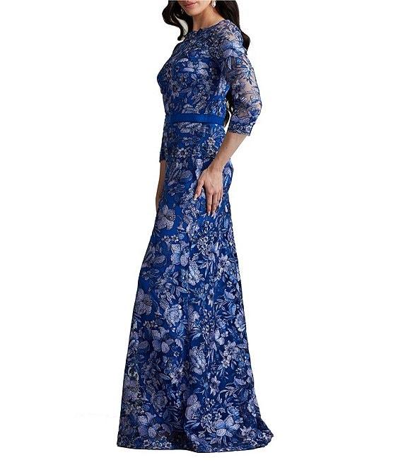 Tadashi Shoji Illusion 3/4 Sleeve Two Tone Embroidered Lace A-Line Gown Product Image