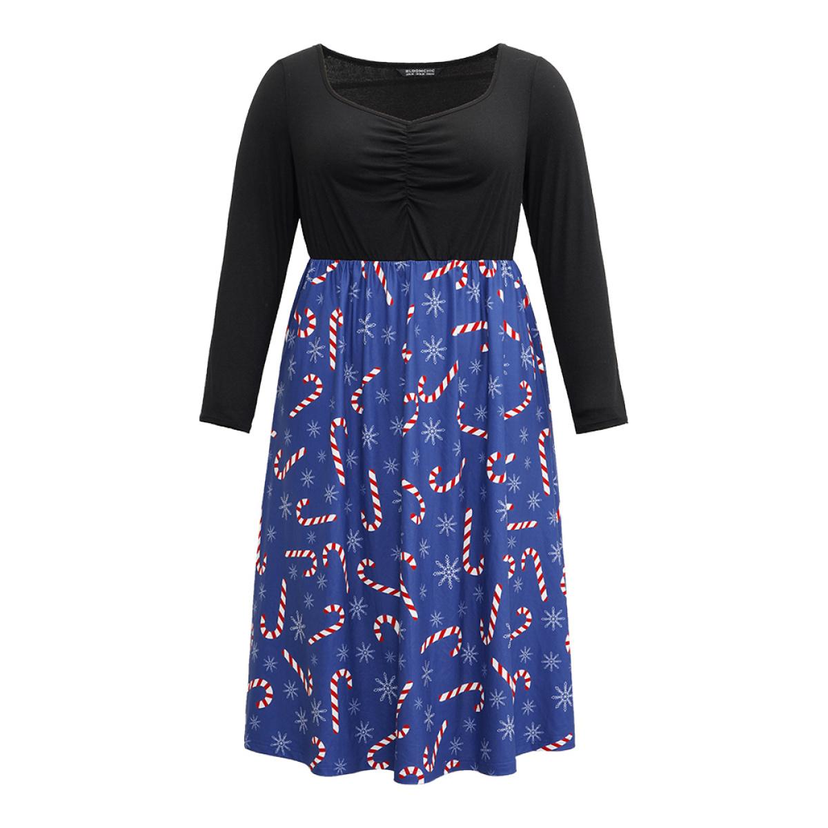 Plus Size Snowflake & Christmas Candy Print Pocket Ruched Dress DarkBlue Women Elegant Gathered Square Neck Long Sleeve Curvy Midi Dress BloomChic 30/6X Product Image