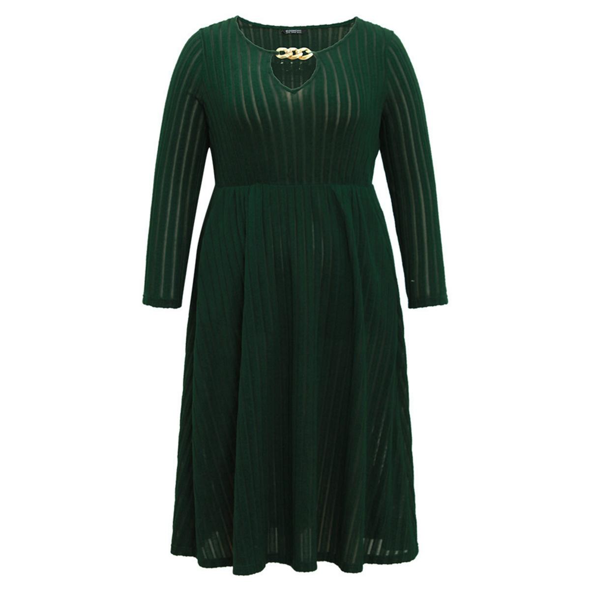 Plus Size Rib Knit Plain Notched Pocket Dress DarkGreen Women Work From Home Rib Knit Notched collar Long Sleeve Curvy Midi Dress BloomChic 18-20/2X Product Image
