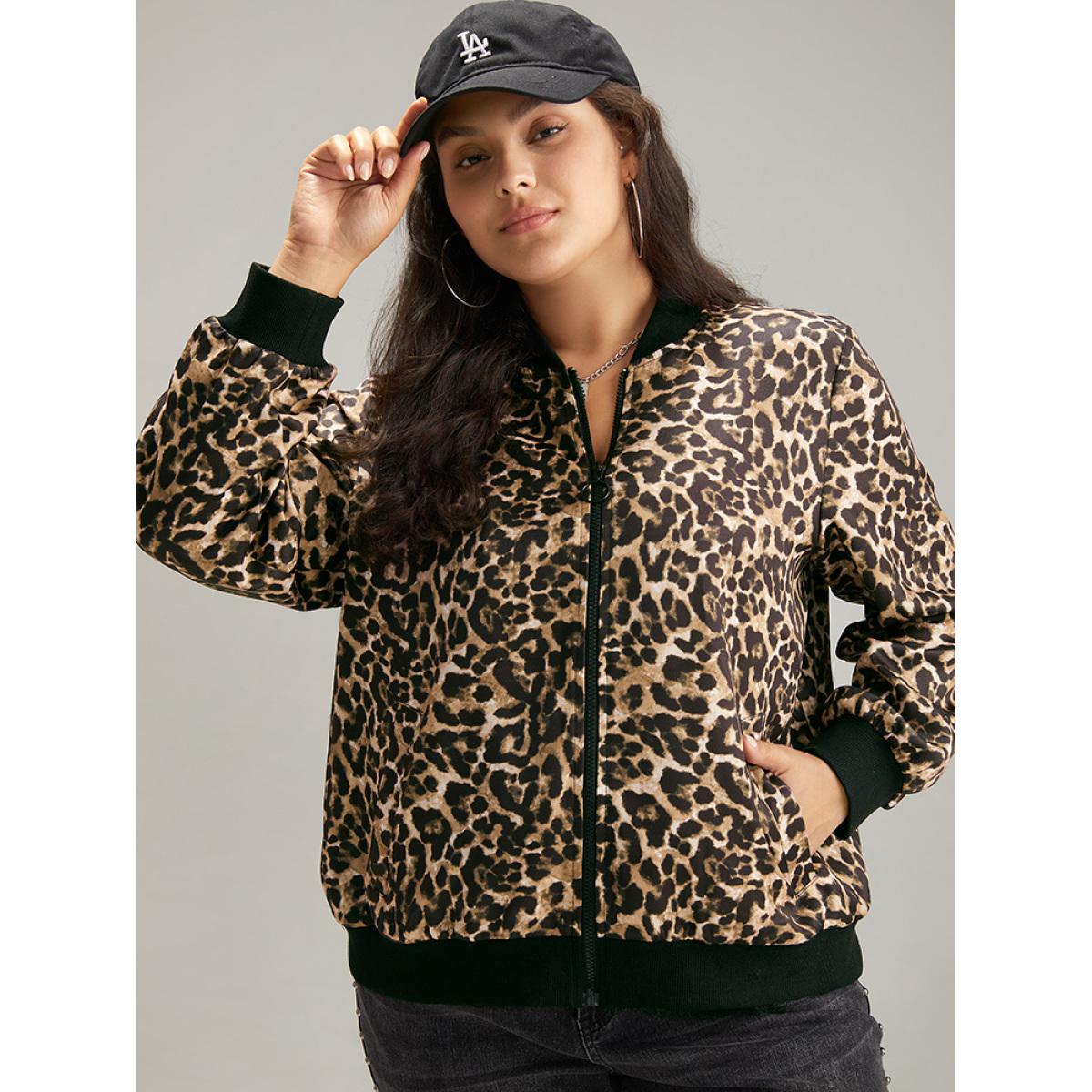 Plus Size Leopard Patchwork Zipper Pocket Jacket Women Leopard Elastic cuffs Pocket Dailywear Jackets BloomChic 12/L Product Image
