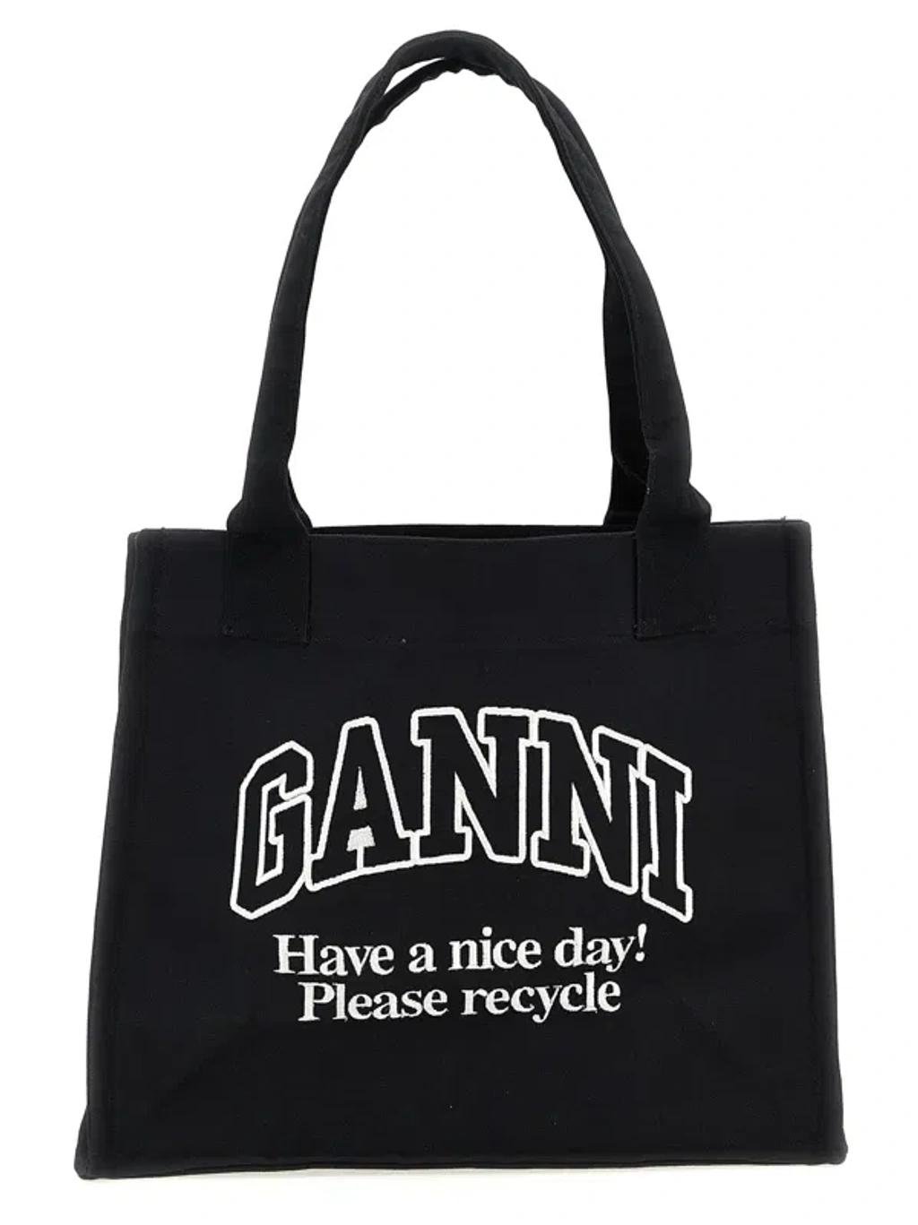 GANNI Black Shopper With Embroidered Logo On The Front In Denim Woman In Multicolor Product Image