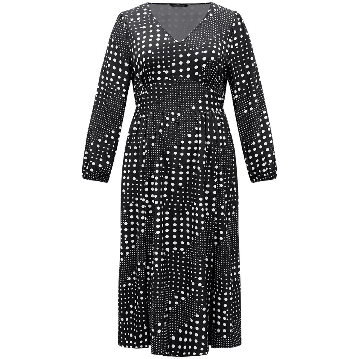 Plus Size Polka Dot Elastic Waist Split Hem Dress Black Women At the Office Pleated V-neck Long Sleeve Curvy Midi Dress BloomChic 30/6X Product Image
