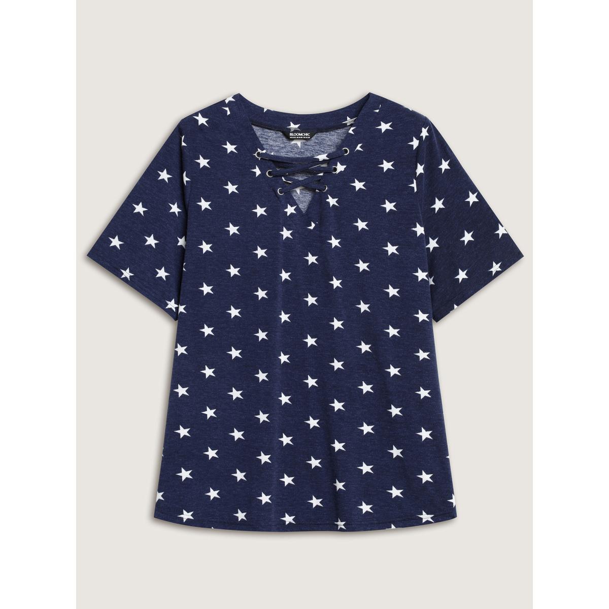 Plus Size Star Print Crisscross Neck Tie T-Shirt Navy Women Leisure Eyelet V-neck Casual T-shirts BloomChic 14-16/1X Product Image