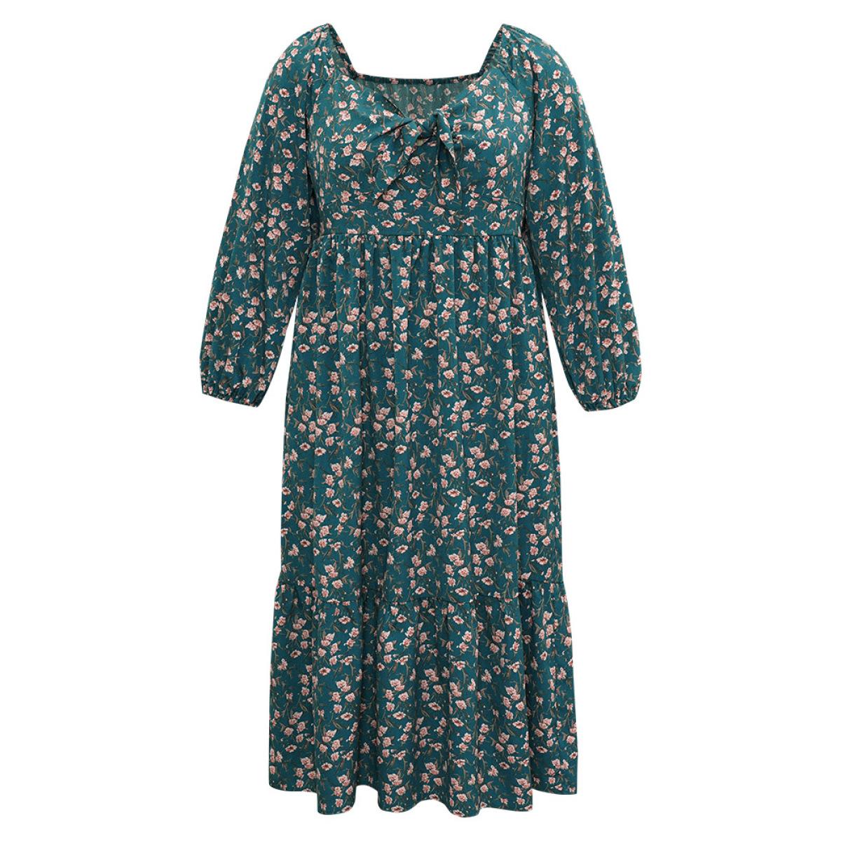 Plus Size Ditsy Floral Square Neck Elastic Waist Ties Dress Teal Women Vacation Elastic cuffs Square Neck Long Sleeve Curvy Midi Dress BloomChic 14-16/1X Product Image