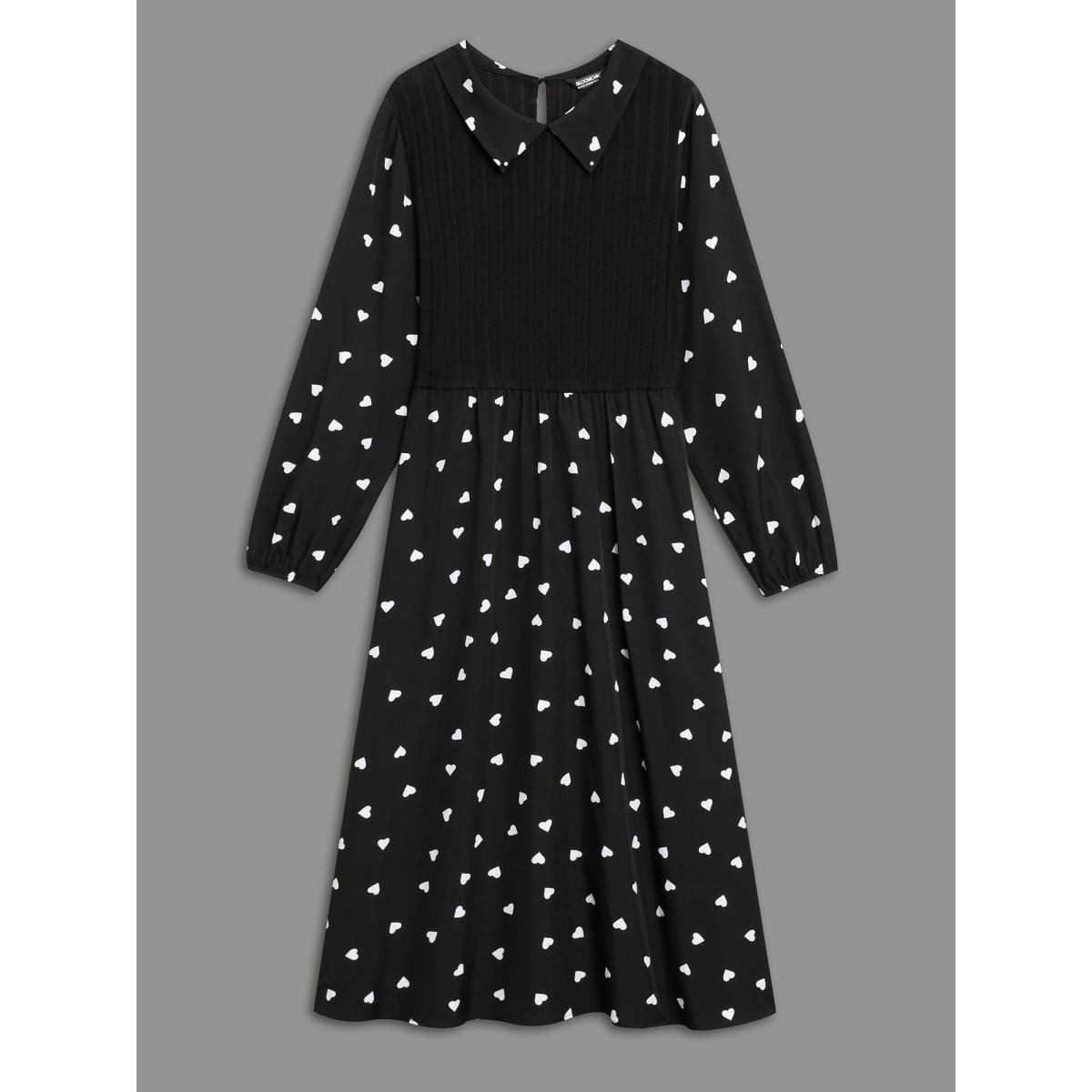 Plus Size Peter Pan Collar Heart Print Patchwork Dress Black Women Resort Texture Knit Dresses Bloomchic 18-20/2X Product Image