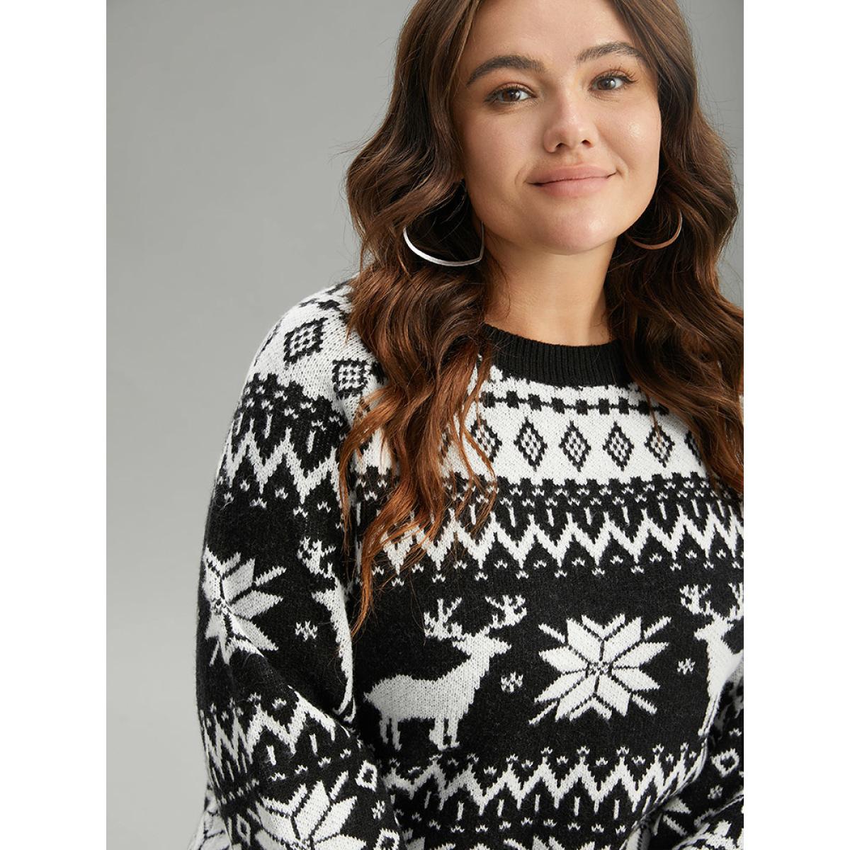 Plus Size EIK & Snowflake Lantern Sleeve Pullover Black Women Casual Loose Long Sleeve Round Neck Festival-Christmas Pullovers BloomChic 10/M Product Image