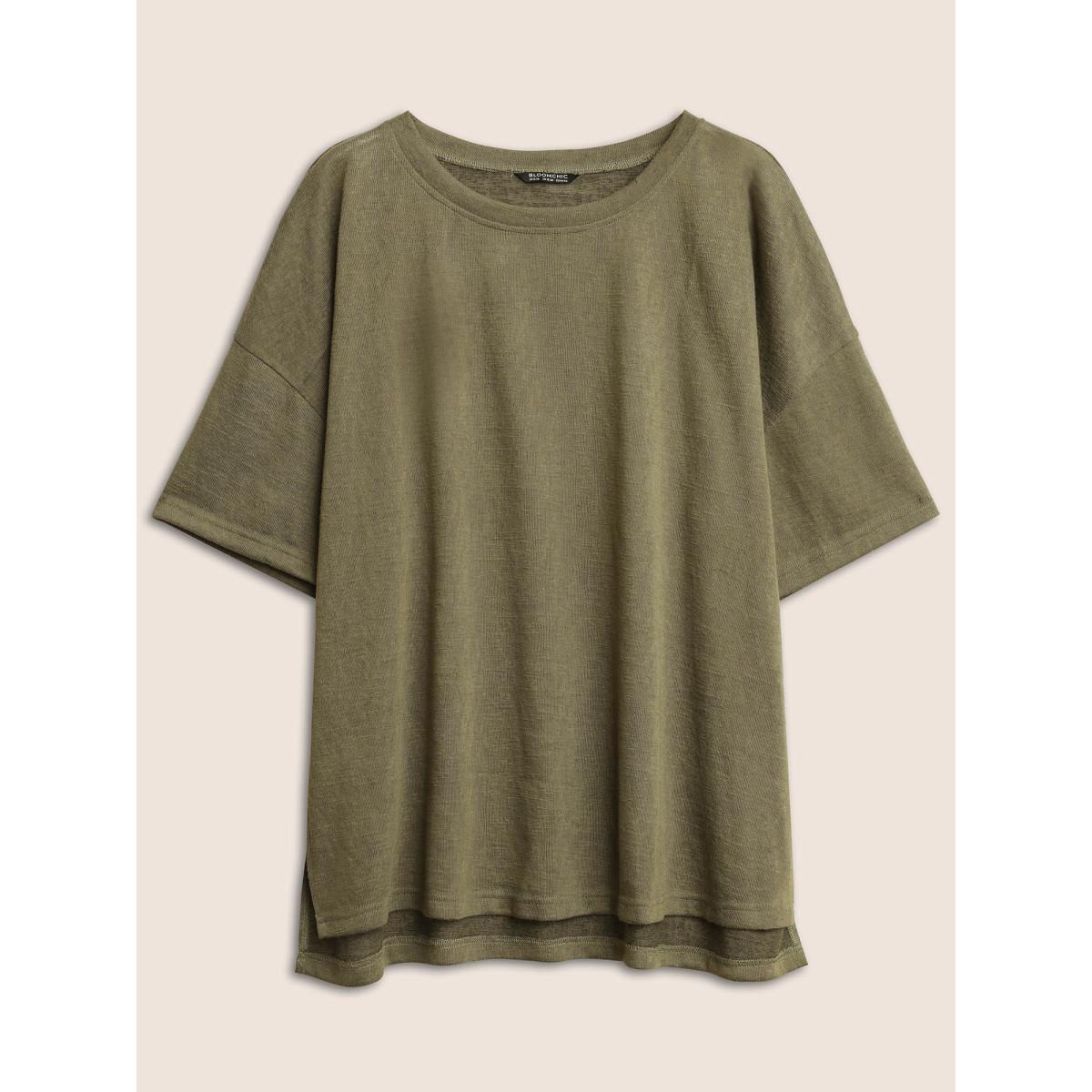 Plus Size Solid Drop Shoulder Split Hem T-shirt ArmyGreen Women Casual Non Plain Round Neck Everyday T-shirts BloomChic 14-16/1X Product Image