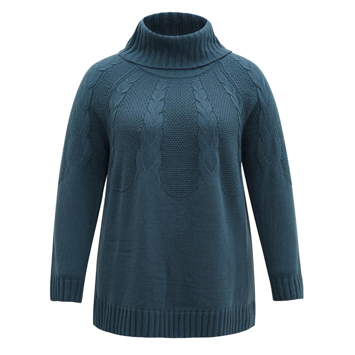 Plus Size Solid Turtle Neck Cable Knit Pullover Cyan Women Casual Loose Long Sleeve Turtleneck Dailywear Pullovers BloomChic 28/5X Product Image