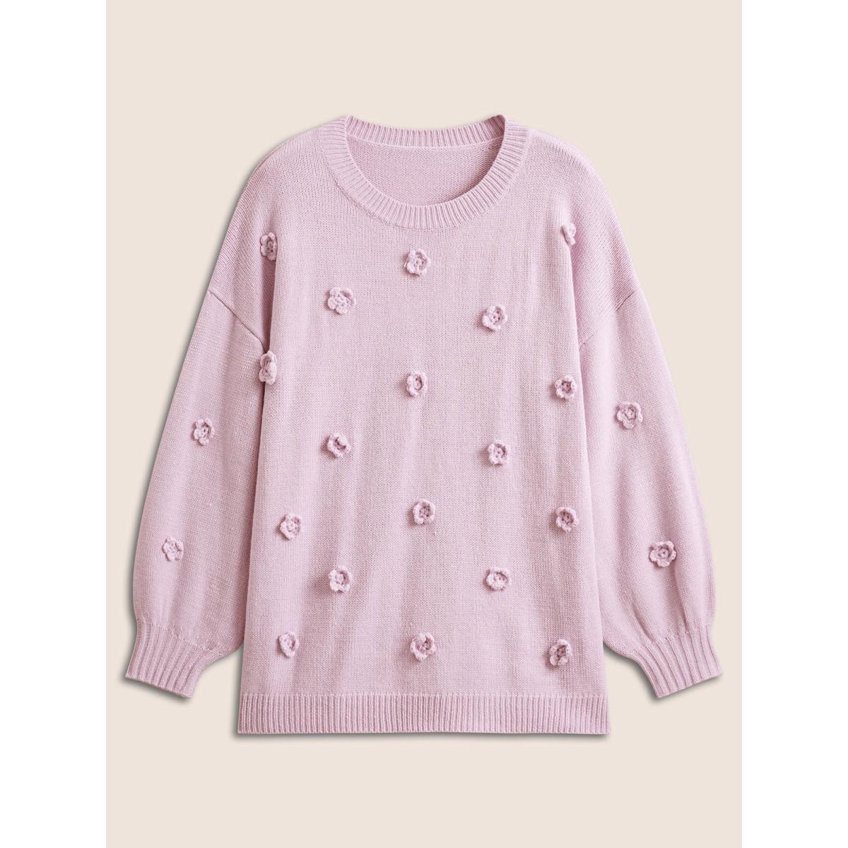 Plus Size Stereo Flower Design Drop Shoulder Pullover Lilac Women Elegant Long Sleeve Round Neck Everyday Pullovers BloomChic 10/M Product Image