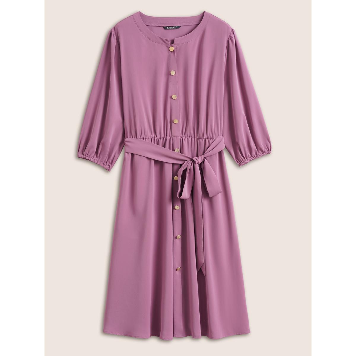 Plus Size Notched Button Through Elastic Waist Belted Dress Mauve Women At the Office Non Notched collar Elbow-length sleeve Curvy Midi Dress BloomChic 12/L Product Image