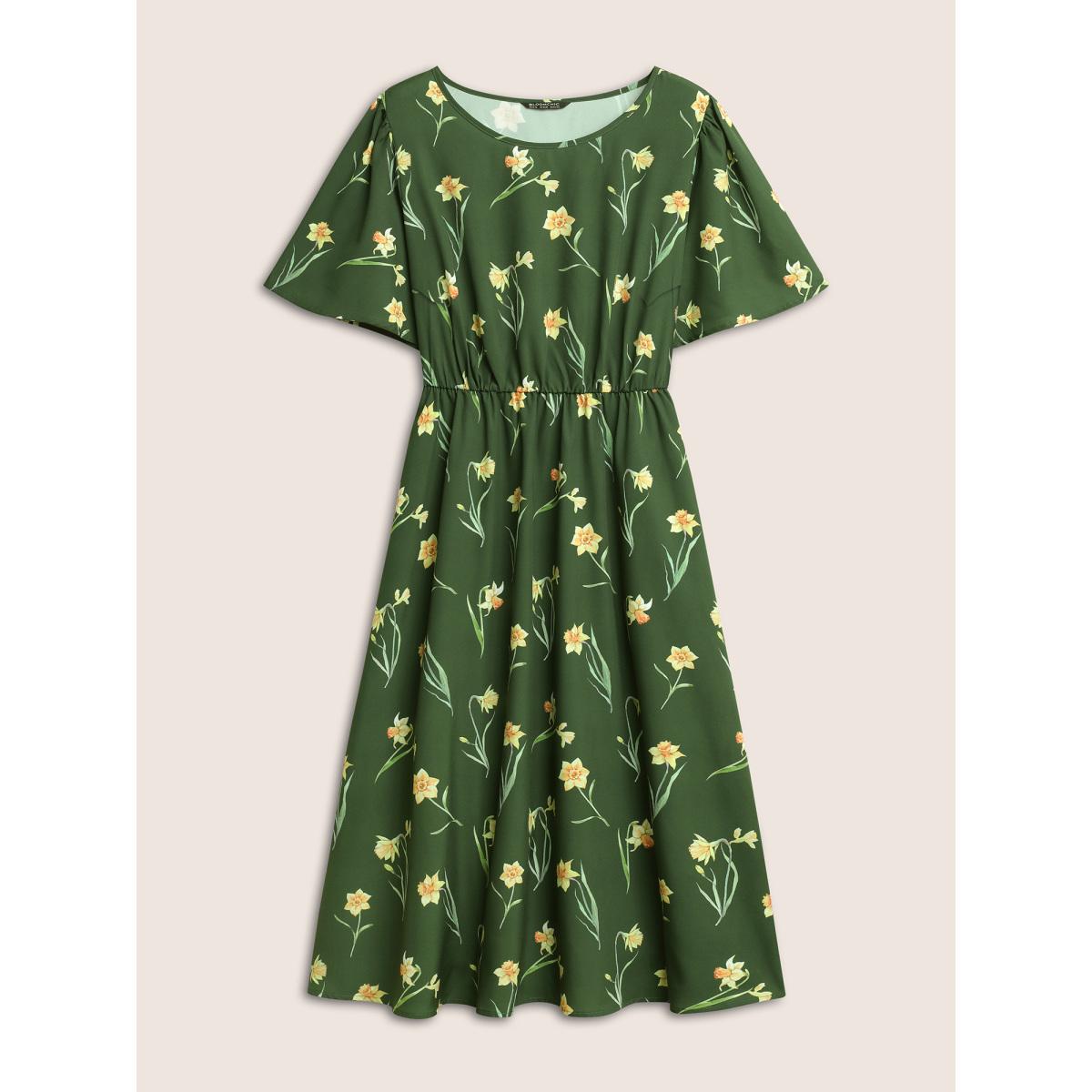 Plus Size Floral Print Gathered Elastic Waist Midi Dress Moss Women Elegant Non Round Neck Short sleeve Curvy Midi Dress BloomChic 10/M Product Image