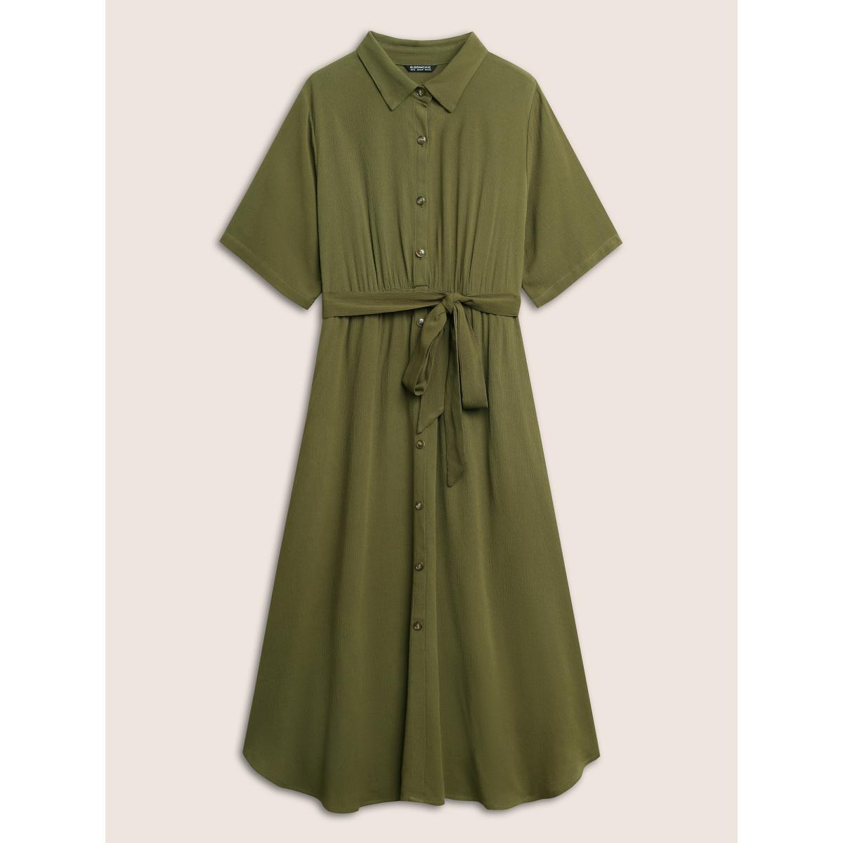 Belted Shirt Collar Button Plus Size Shirtdress Women Workleisure Plain Sleeve Short Sleeve Shirt Collar Pocket Workwear Long Dress BloomChic Product Image