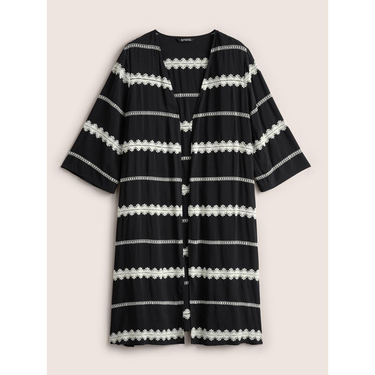 Plus Size Striped Embroidered Patchwork Kimono Women Black Resort Contrast Vacation Kimonos BloomChic 14-16/1X Product Image