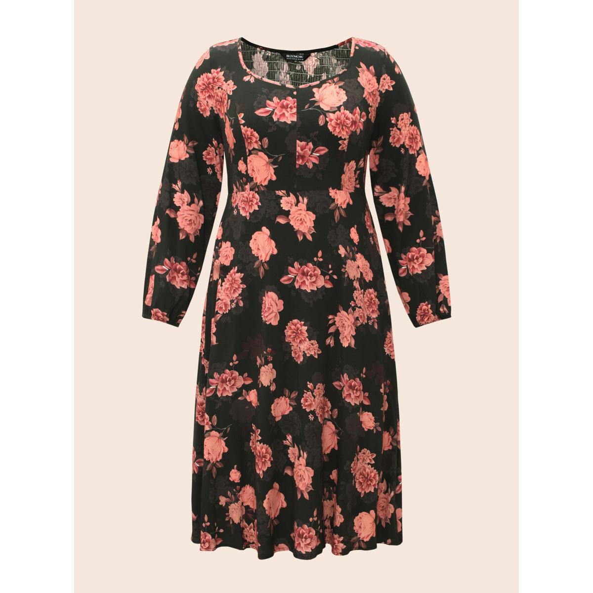 Plus Size Floral Lantern Sleeve Shirred Pocket Dress Black Women Elegant Shirred Boat Neck Long Sleeve Curvy BloomChic 18-20/2X Product Image