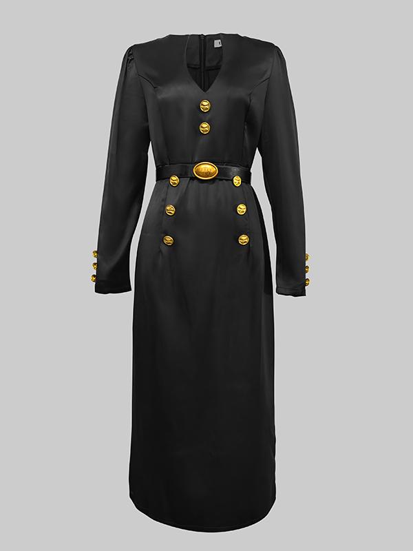Long Sleeves Puff Sleeves Buttoned Solid Color Deep V-Neck Midi Dresses Product Image