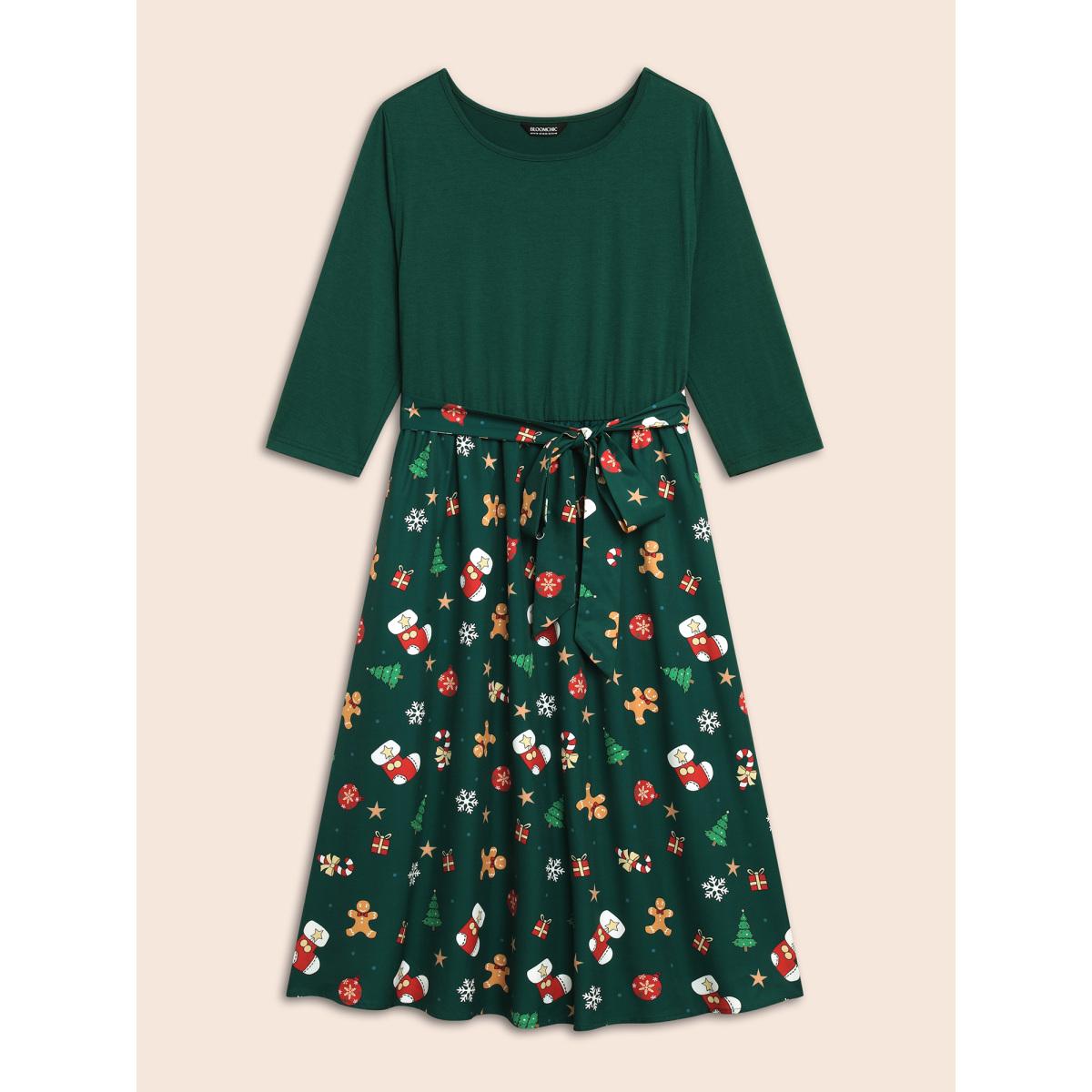 Plus Size Holiday Everything Printed Skirt Fit-and-Flare Midi Dress DarkGreen Women Elegant Belted Round Neck Elbow-length sleeve Curvy BloomChic 14-16/1X Product Image