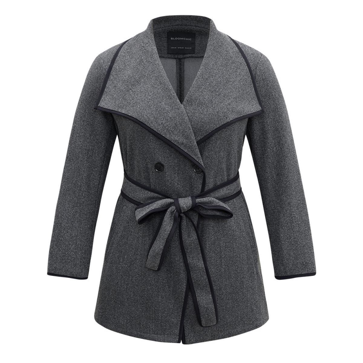 Plus Size Lapel Collar Contrast Trim Belted Button Up Coat Women DimGray Casual Belted Ladies Dailywear Winter Coats BloomChic 30/6X Product Image