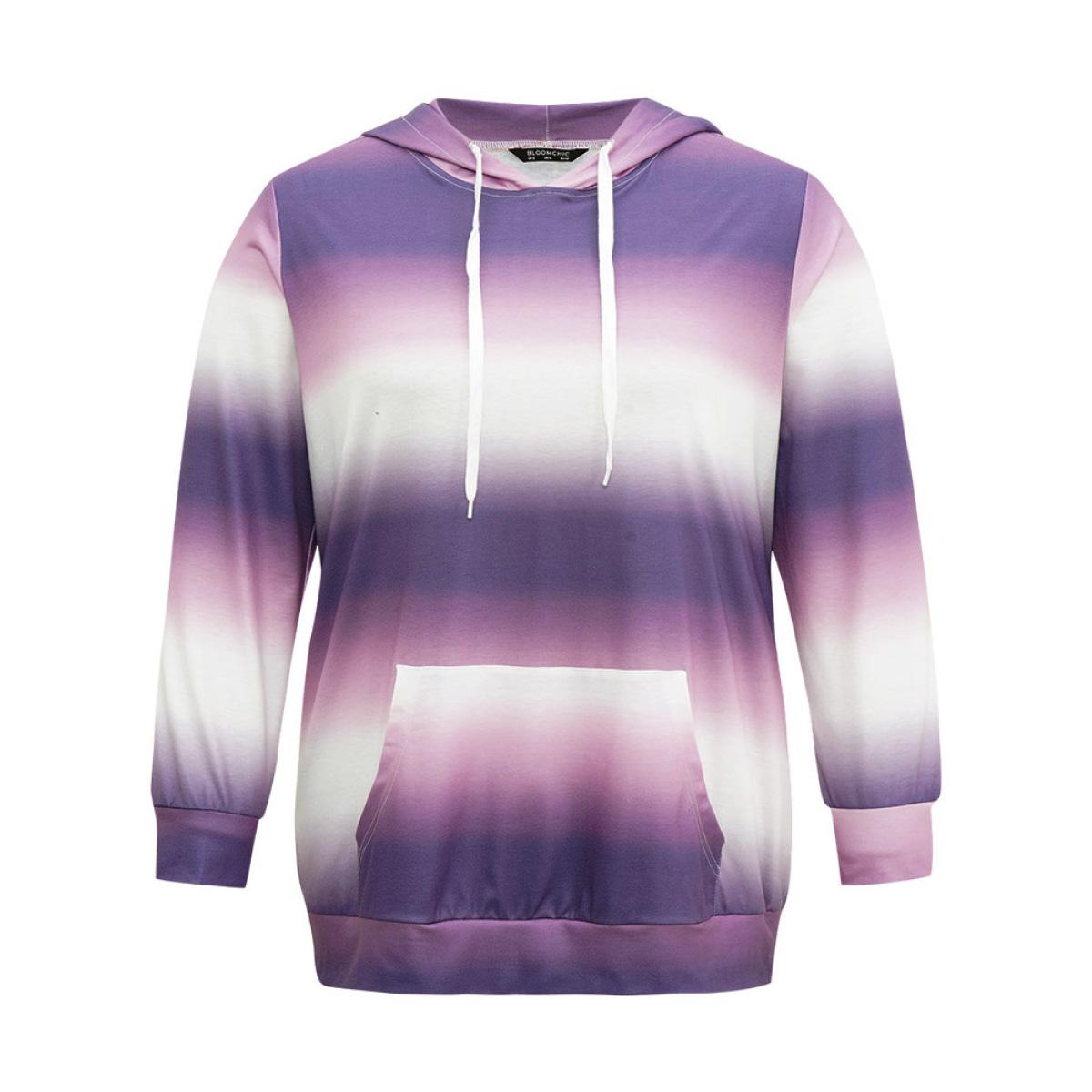 Plus Size Ombre Striped Kangaroo Pocket Hooded Sweatshirt Women Lilac Elegant Printed Hooded Dailywear Sweatshirts BloomChic 12/L Product Image