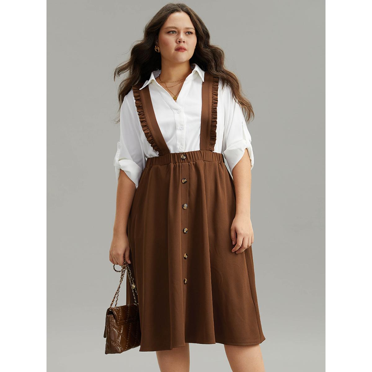 Plus Size Elastic Waist Button Detail Frill Trim Overall Skirt Women Rust At the Office Plain No stretch Pocket Office Skirts BloomChic 12/L Product Image