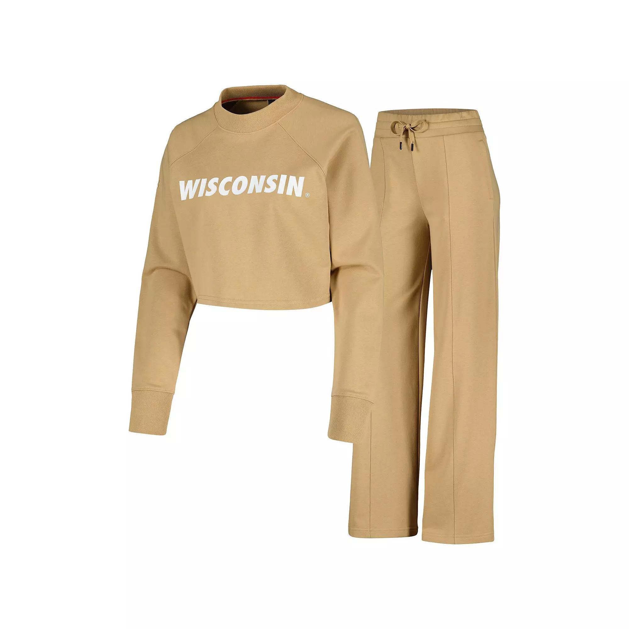 Women's Tan Wisconsin Badgers Raglan Cropped Sweatshirt & Sweatpants Set, Size: Large, Team Product Image
