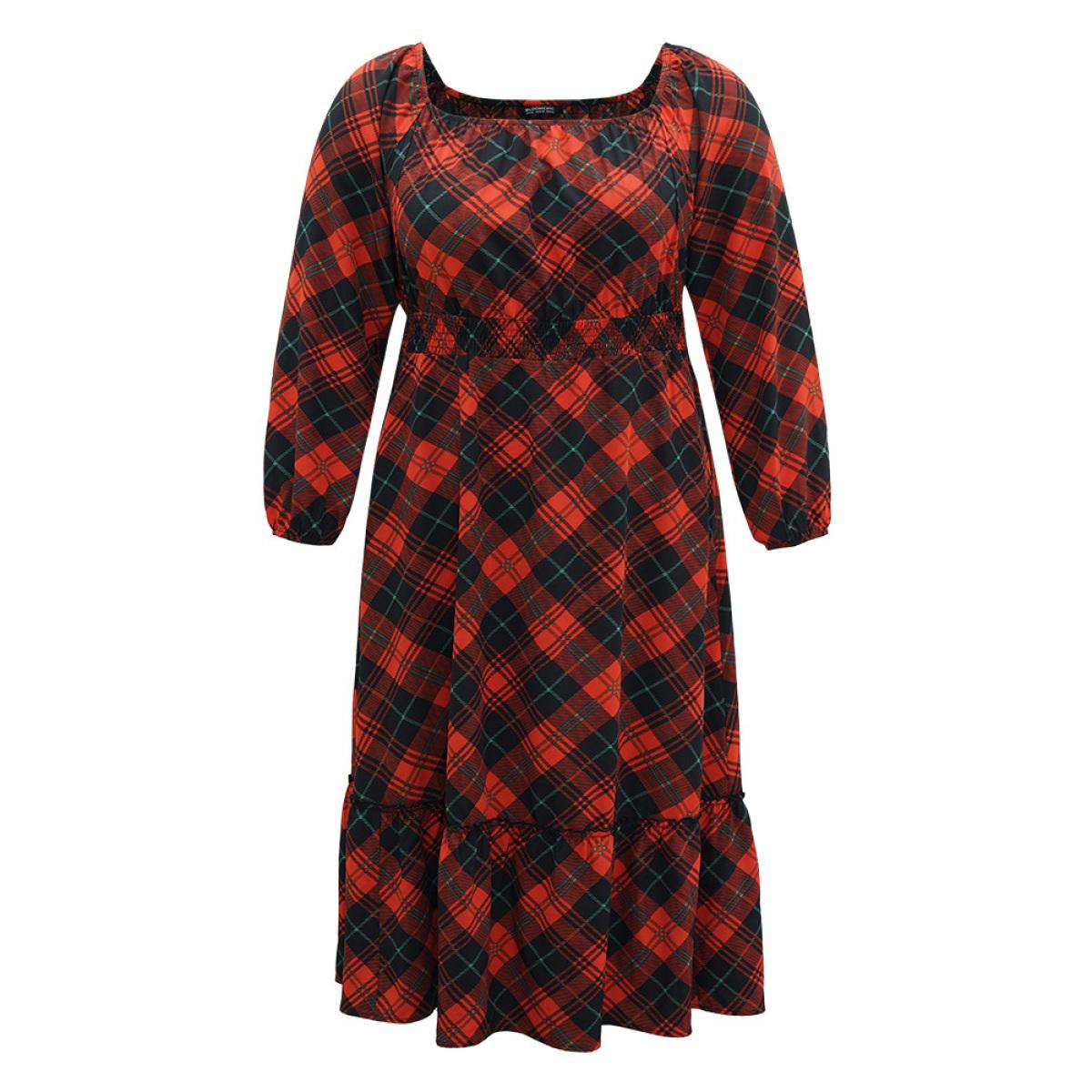 Plus Size Plaid Shirred Frill Trim Pocket Square Neck Dress Scarlet Women Elegant Elastic cuffs Square Neck Long Sleeve Curvy Midi Dress BloomChic 30/6X Product Image