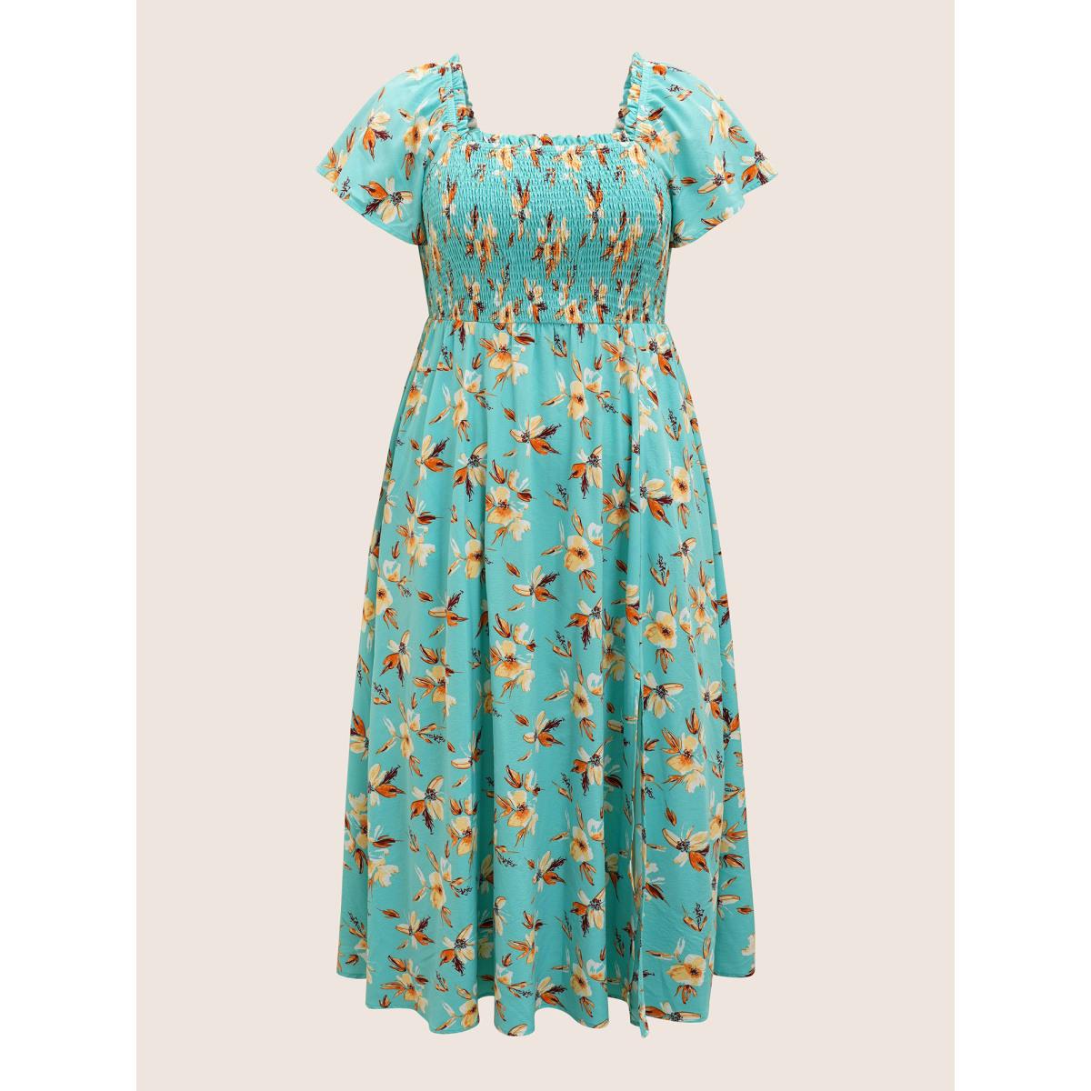 Plus Size Floral Shirred Elastic Waist Split Hem Dress Turquoise Women Elegant Frill Trim Square Neck Short sleeve Curvy BloomChic 10/M Product Image